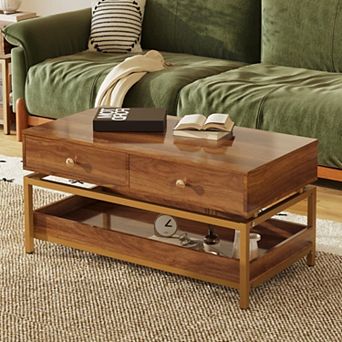 39.4" Modern Coffee Table with 2 Drawers & Open Shelf, for Living Room Apartment