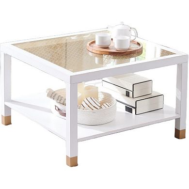 27.6" Coffee Table - Matte Steel Frame & Gold Mesh Glass Top for Living Room & Apartment