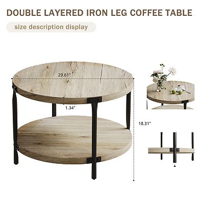 Round Coffee Table, Double-Layer with Open Storage, Easy Assembly for Living Room, Study, Home Users