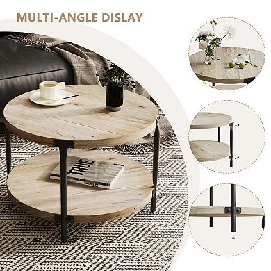Round Coffee Table, Double-Layer with Open Storage, Easy Assembly for Living Room, Study, Home Users