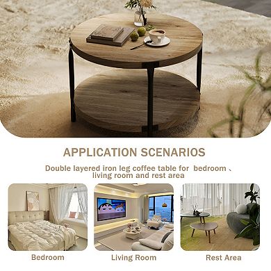 Round Coffee Table, Double-Layer with Open Storage, Easy Assembly for Living Room, Study, Home Users