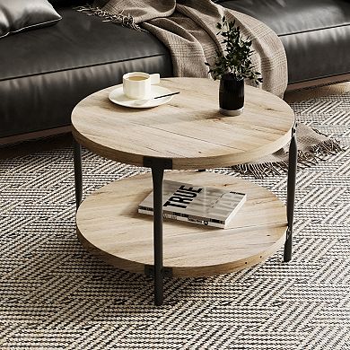 Round Coffee Table, Double-Layer with Open Storage, Easy Assembly for Living Room, Study, Home Users