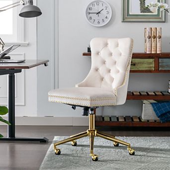 Velvet Office Chair Tufted Swivel Vanity Desk Chair Gold Base Wide Seat for Home Makeup Work