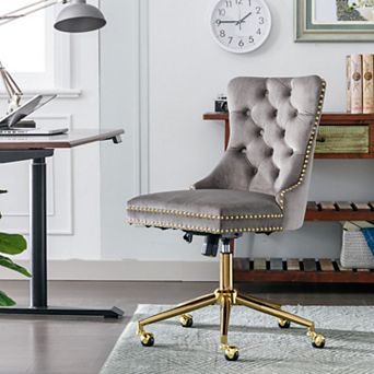 Velvet Office Chair Tufted Swivel Vanity Desk Chair Gold Base Wide Seat for Home Makeup Work