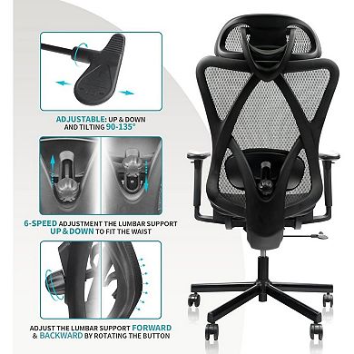 Ergonomic Mesh Office Chair with Adjustable Lumbar Support, Headrest & Armrest, for Home, Office