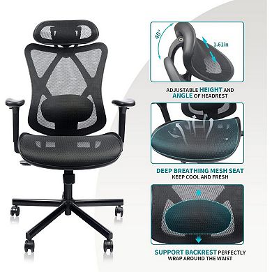 Ergonomic Mesh Office Chair with Adjustable Lumbar Support, Headrest & Armrest, for Home, Office