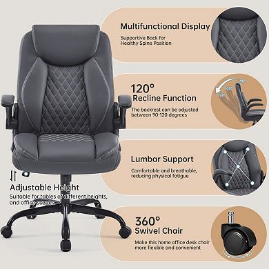 PU Leather Ergonomic Office Chair with Lumbar Support,Flip-Up Armrests,Pocket Spring Seat for Office