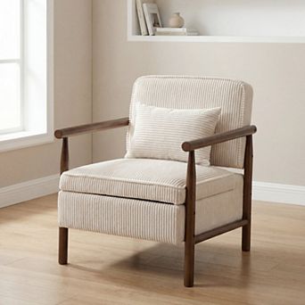 Accent Chair with Storage and Cushion, Wood Frame Reading Armchair for Living Room Bedroom