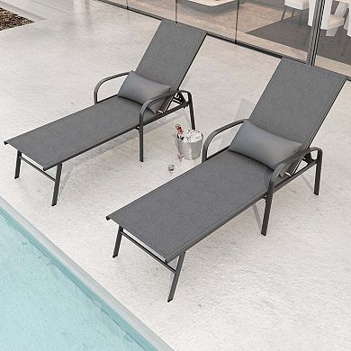 Clihome 2-Piece Adjustable Metal Outdoor Patio Chaise Lounge with Lumbar Pillow