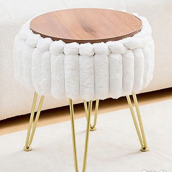 Faux Fur Vanity Stool with Storage, Round Padded Seat, Metal Legs