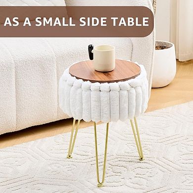Faux Fur Vanity Stool with Storage, Round Padded Seat, Metal Legs