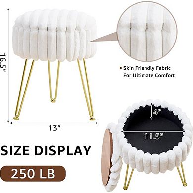 Faux Fur Vanity Stool with Storage, Round Padded Seat, Metal Legs