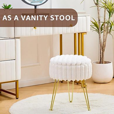 Faux Fur Vanity Stool with Storage, Round Padded Seat, Metal Legs