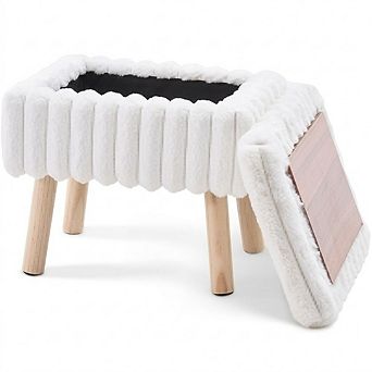 Faux Fur Storage Ottoman, Padded Seat, Wood Tray, Multi-Use Footstool