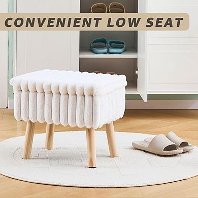 Faux Fur Storage Ottoman, Padded Seat, Wood Tray, Multi-Use Footstool