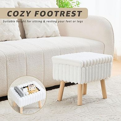 Faux Fur Storage Ottoman, Padded Seat, Wood Tray, Multi-Use Footstool