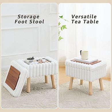 Faux Fur Storage Ottoman, Padded Seat, Wood Tray, Multi-Use Footstool