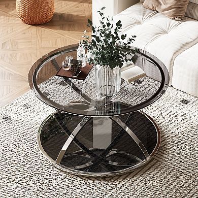 GOODSILO 2-Tier Modern Round Glass Coffee Table for Living Room Bedroom Office
