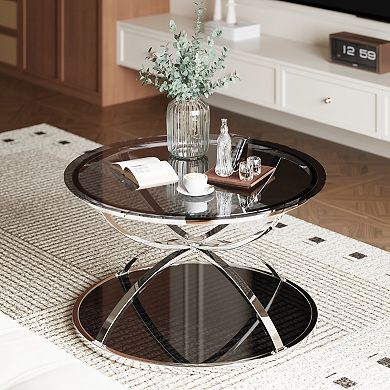 GOODSILO 2-Tier Modern Round Glass Coffee Table for Living Room Bedroom Office