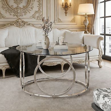 GOODSILO Modern Round Glass Top Coffee Table with Sturdy Metal Frame