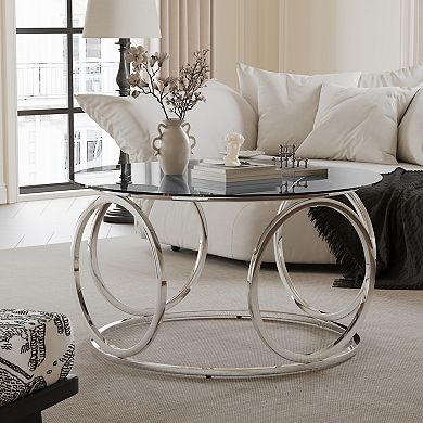 GOODSILO Modern Round Glass Top Coffee Table with Sturdy Metal Frame
