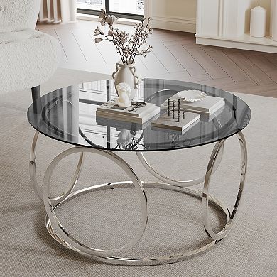 GOODSILO Modern Round Glass Top Coffee Table with Sturdy Metal Frame