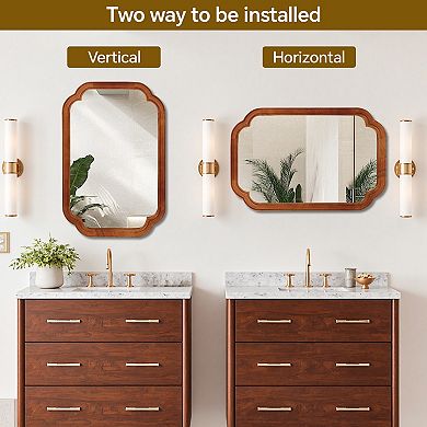 Brown 24 x 36 in. Solid Wood Framed Rounded Corner Bathrrom Wall Mounted Mirror