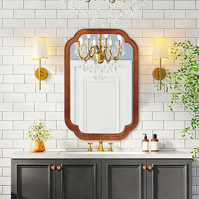 Brown 24 x 36 in. Solid Wood Framed Rounded Corner Bathrrom Wall Mounted Mirror