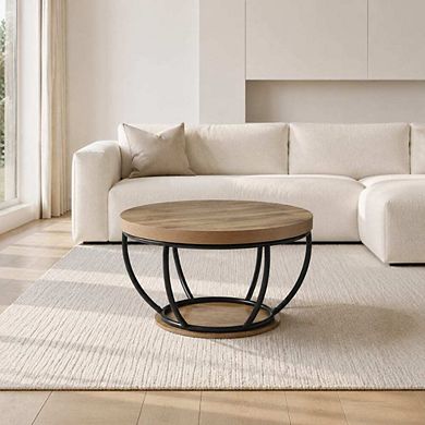 GOODSILO Round Industrial Coffee Table with 2-Tier Storage