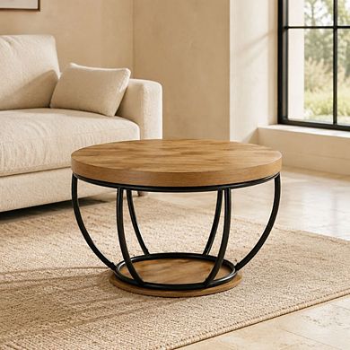 GOODSILO Round Industrial Coffee Table with 2-Tier Storage