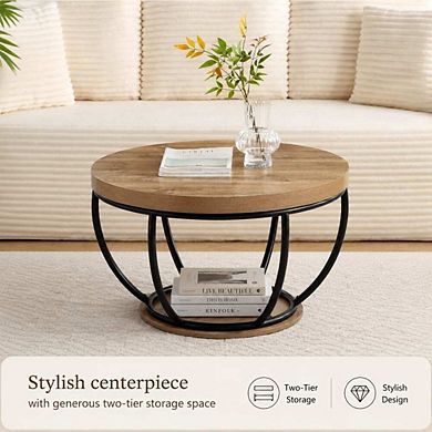 GOODSILO Round Industrial Coffee Table with 2-Tier Storage