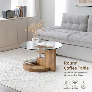 GOODSILO Double Layer Round Glass Top Multi-Use Coffee Table