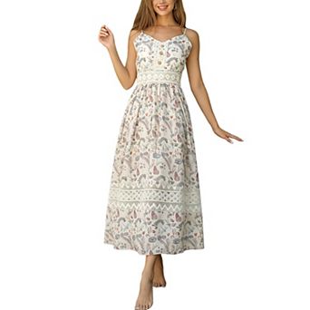 Women's Bohemian Floral Print Spaghetti Strap Maxi Dress Lace Trim Flowy Sundress for Vacation