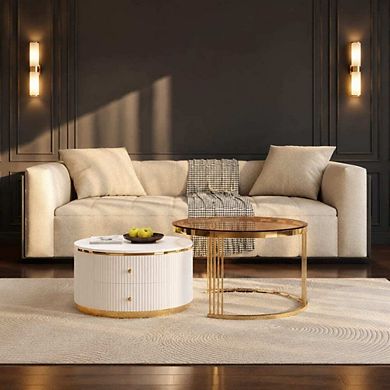 GOODSILO 2 Piece Round Nesting Coffee Table Set with Storage Drawers
