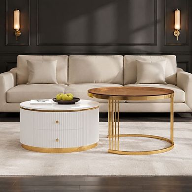 GOODSILO 2 Piece Round Nesting Coffee Table Set with Storage Drawers