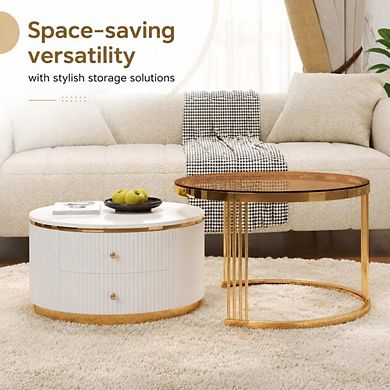 GOODSILO 2 Piece Round Nesting Coffee Table Set with Storage Drawers