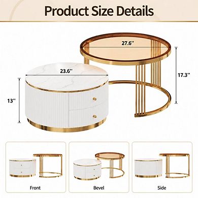 GOODSILO 2 Piece Round Nesting Coffee Table Set with Storage Drawers