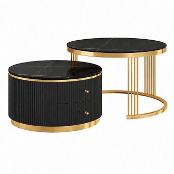GOODSILO 2 pc Round Nesting Coffee Table Set with Storage Drawers