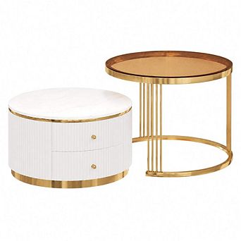 GOODSILO 2 pc Round Nesting Coffee Table Set with Storage Drawers