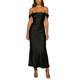 Women's Satin Off-Shoulder Maxi Dress Mermaid Bodycon Formal Evening Party Gown