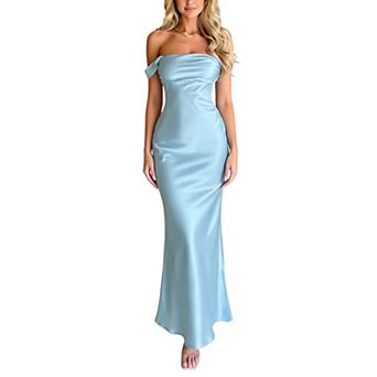 Women's Satin Off-Shoulder Maxi Dress Mermaid Bodycon Formal Evening Party Gown