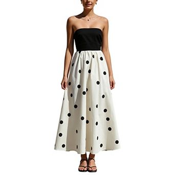 Women's Polka Dot Strapless Tube Top Maxi Dress High Waist A-Line Flowy Cocktail Party Dress