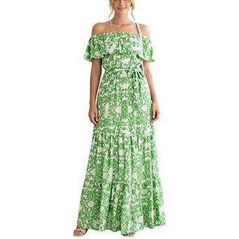 Women's Off-Shoulder Floral Print Maxi Dress Ruffle Tiered Flowy Beach Sundress with Waist Tie