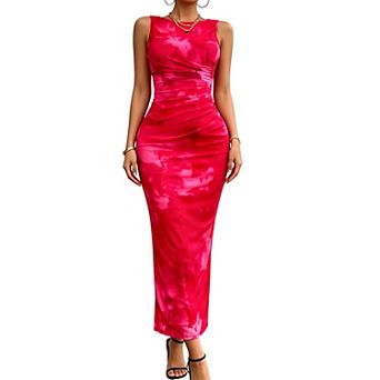 Women's Sleeveless Bodycon Maxi Dress Ruched Side Slit Print Tank Dress for Party Club