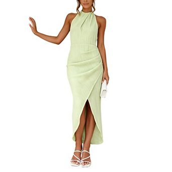 Women's Halter Neck Backless Midi Dress Ruched Wrap Slit Cocktail Party Formal Dress