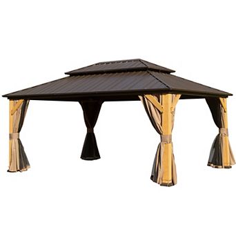 Hardtop Gazebo, Cedar Frame, Steel Double Roof, Perm. Pavilion w/ Curtains & Netting for Patio
