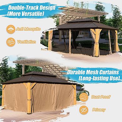 Hardtop Gazebo, Cedar Frame, Steel Double Roof, Perm. Pavilion w/ Curtains & Netting for Patio