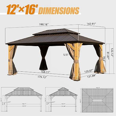 Hardtop Gazebo, Cedar Frame, Steel Double Roof, Perm. Pavilion w/ Curtains & Netting for Patio