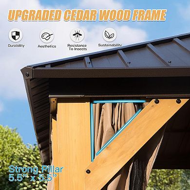 Hardtop Gazebo, Cedar Frame, Steel Double Roof, Perm. Pavilion w/ Curtains & Netting for Patio