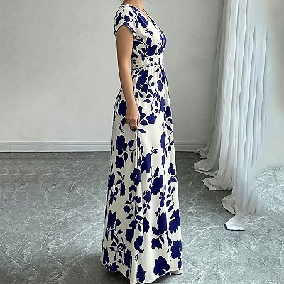 cap sleeve floral maxi dress Women's Floral Print V-Neck Cap Sleeve Maxi Dress with Smocked Waist